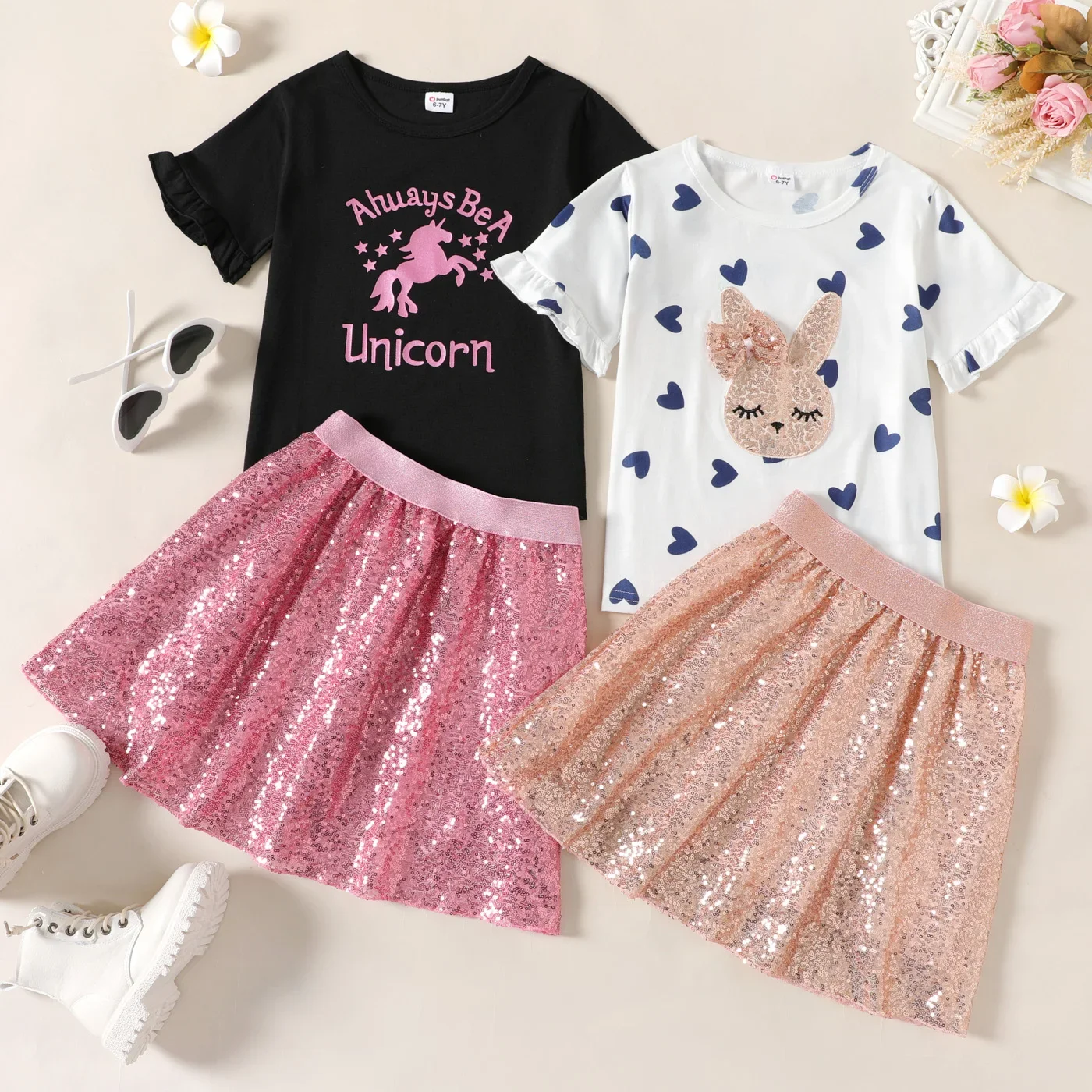 PatPat 2-piece Kid Girl Unicorn Letter Print/Sequin Rabbit Pattern Heart Print Short-sleeve Tee and Sequined Skirt Set