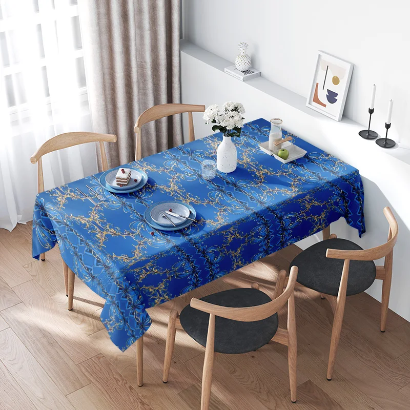 

Luxury Blue Gold Baroque Pattern Tablecloth for Dining Room Decoration - Elegant Kitchen Linen 6 Seater Size