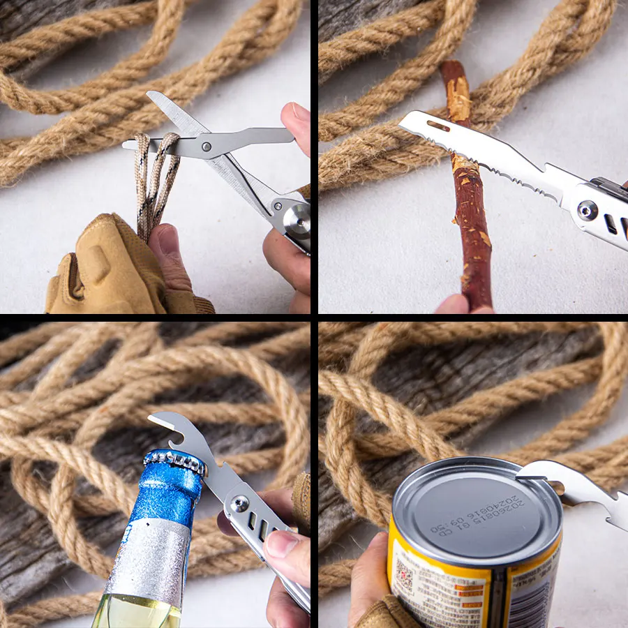 Cuchillo de bolsillo multiherramienta 8 en 1, kit de supervivencia para acampar/enderismo con sierra de acero inoxidable, tijeras, abridor de botellas, pelacables, vidrio