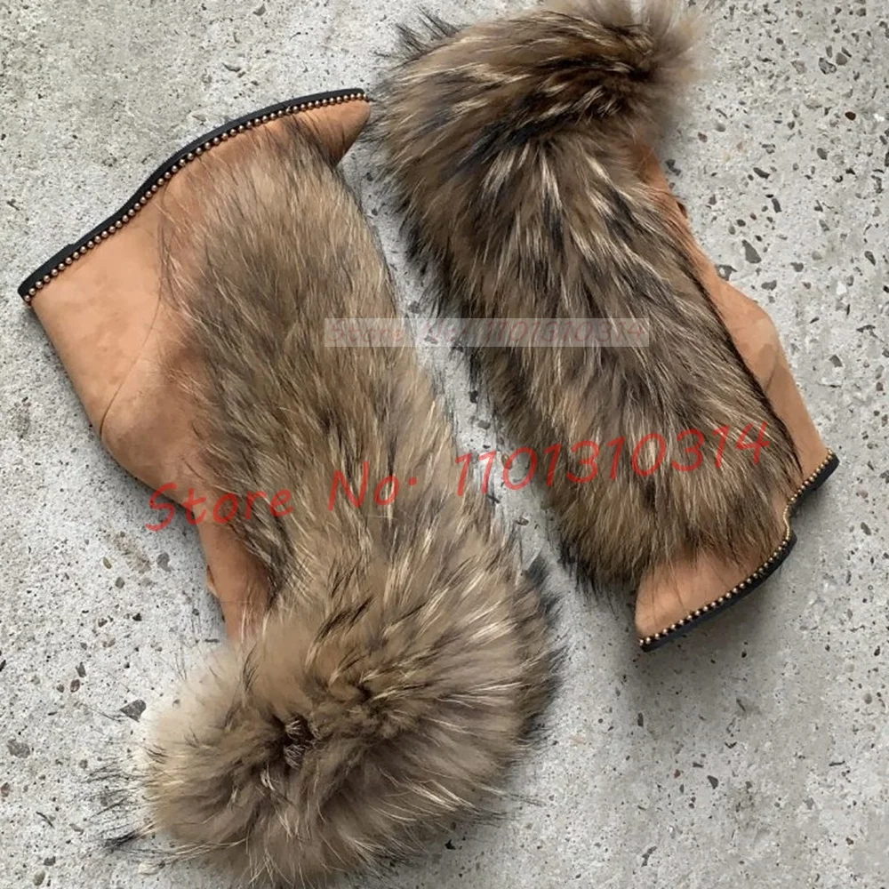 Fur Pointy Wedge Ankle Boots Ladies Newest Beige Rive Trim Lace-up Suede Heels Boots Women Luxury Stylish Big Size Furry Shoes