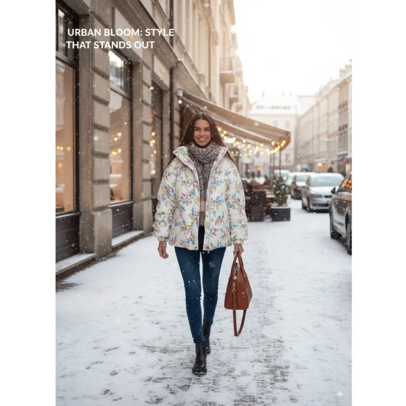 

Floral Padded Puffer Jacket For Women's Winter Fashion Oversized Design Stand Collar Warm Zip Up Outerwear Street Style Look New