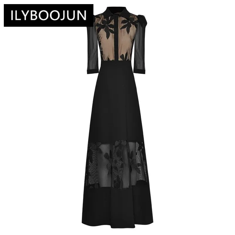 

ILYBOOJUN Summer Fashion Designer Vintage Party Dress Women's Lapel Single Breasted Embroidery Perspective Mesh Black Long Dress