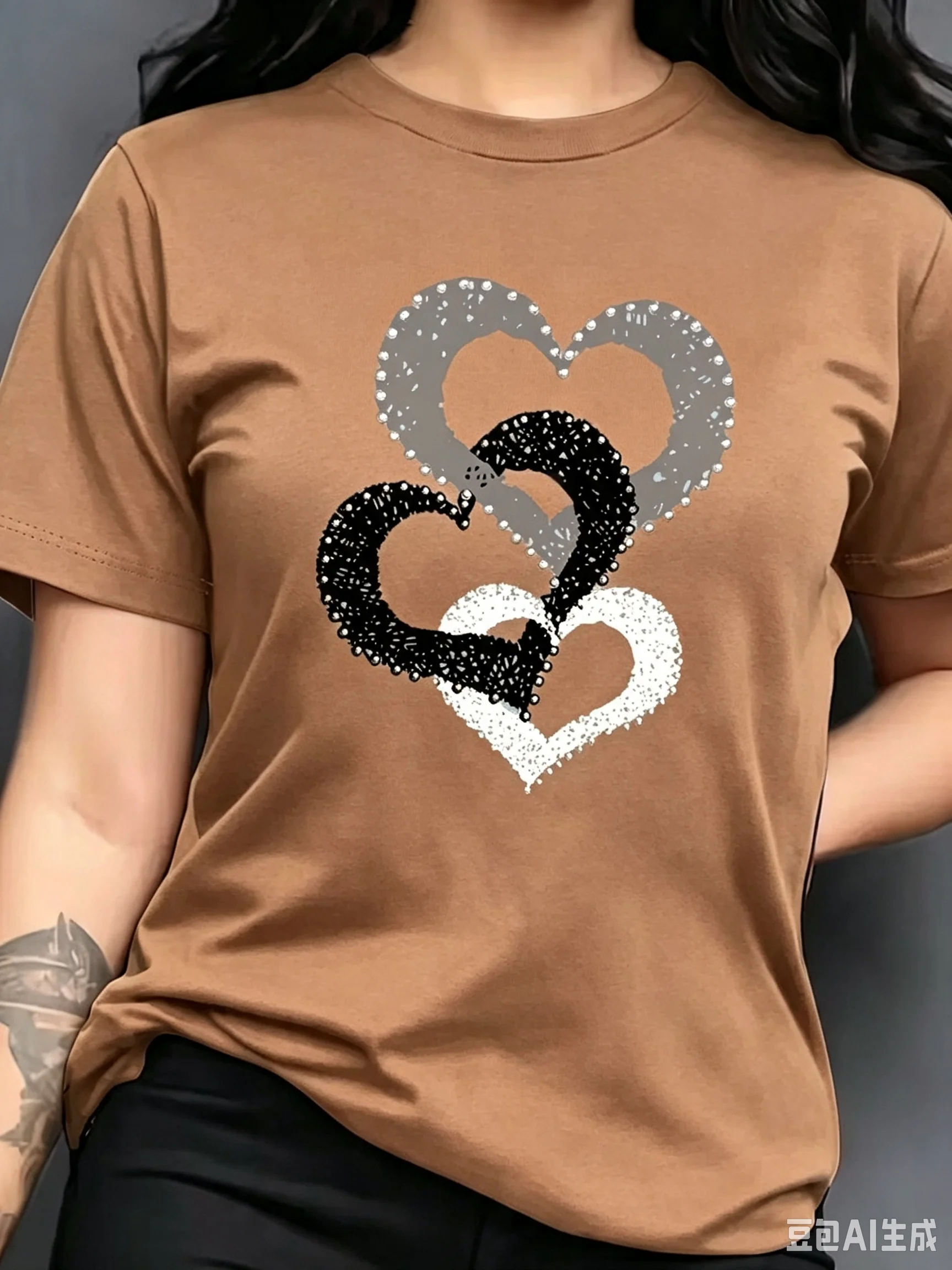 Summer New Three Hearts Print Pattern Women's T-shirt Summer Casual Round Neck Short Sleeved Outdoor Sport Casual Women Clothing image 3