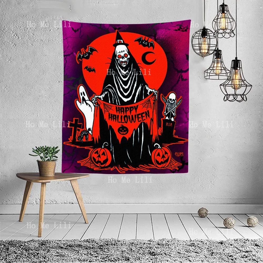 Evil Art Wednesday Happy Halloween Bat Ghost Skeleton Lonely White Cute Ghost And Jack-O '-Lantern Tapestry For Livingroom Decor