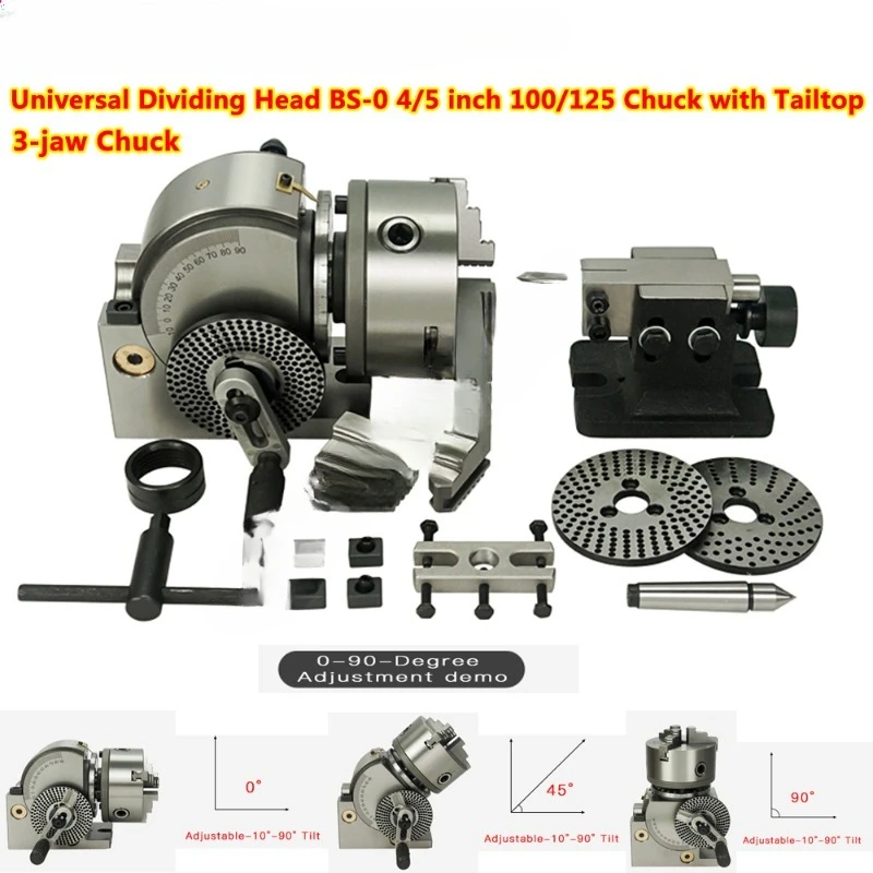 Universal Dividing Head BS-0 4/5 inch 100mm 125mm 3-Jaw Chuck Precision Semi with Tailtop 3-15 Center Height for Milling Machine