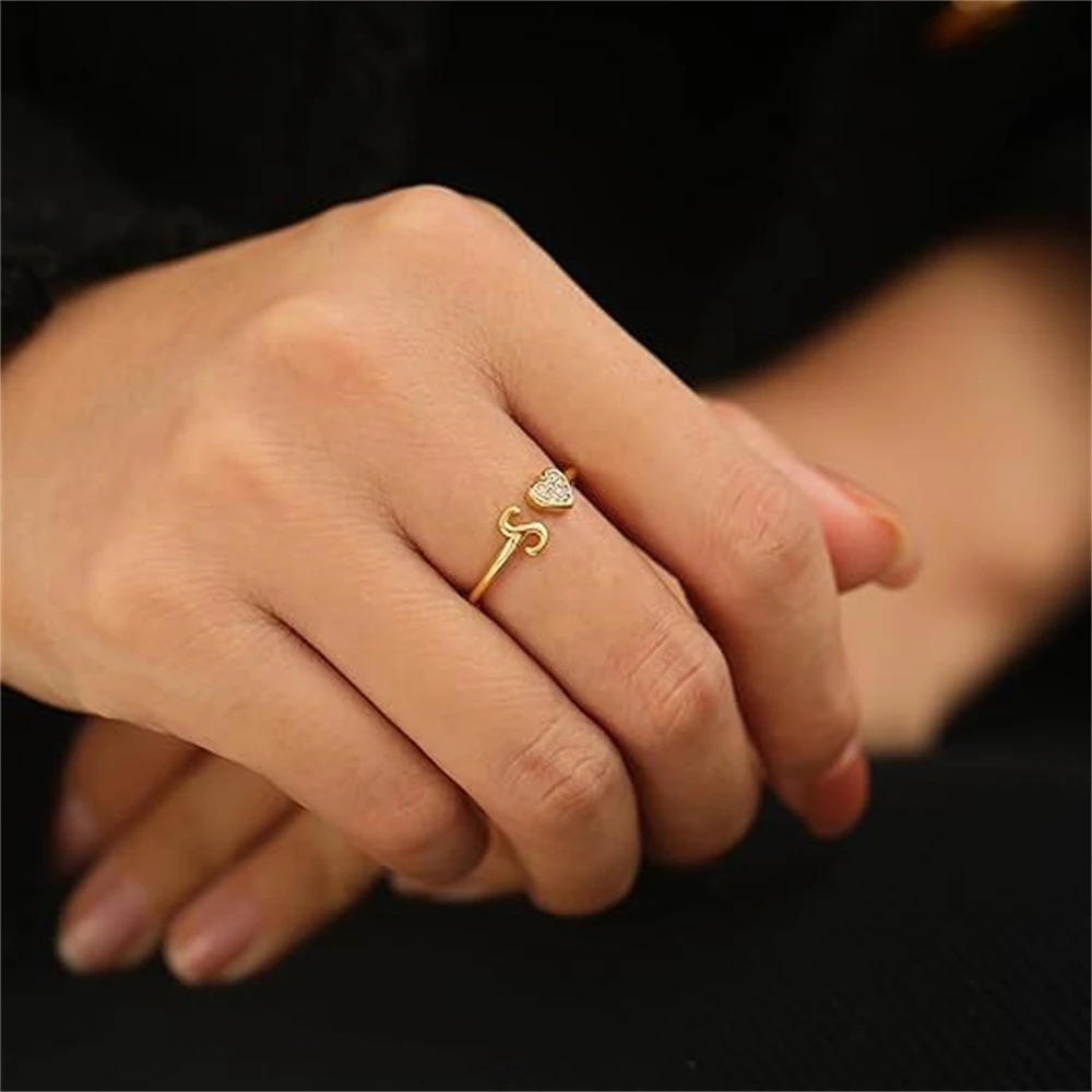 Trendy Crystal Heart Rings Gold Plated Capital Letter Initial Stackable Ring Adjustable Jewelry For Women Christmas Gift