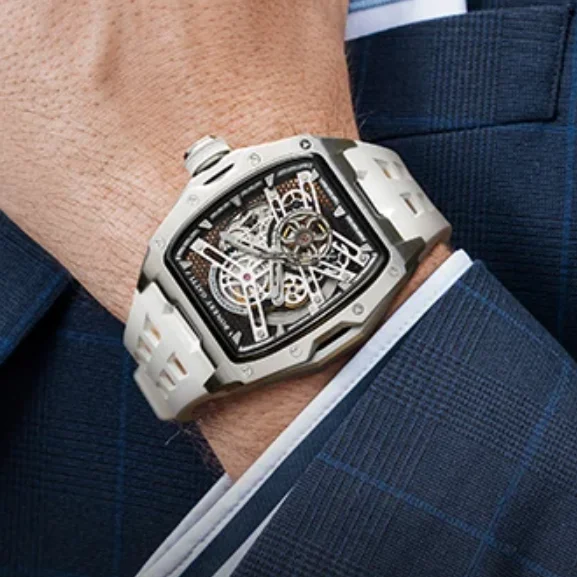 BONEST GATTI Men Automatic Watch 46mm Tonneau Mechanical Wristwatch Waterproof Luminou Sapphire Mirror Skeleton Dial