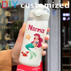 Garrafa de plástico com nome personalizado Imprimir para a escola Kids, crianças Cup, tubo de palha, anel Handle, Material de segurança alimentar, DIY, 400ml