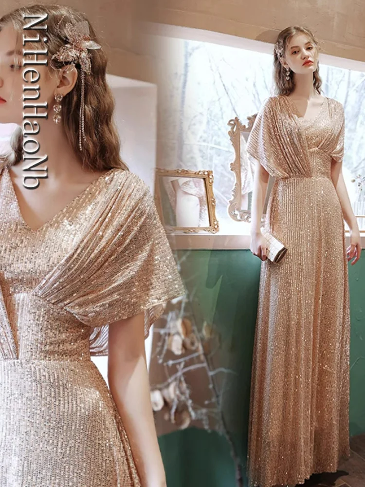 Luxury Evening Dresses Long Short Sleeves Sparkly A-Line Floor Length Prom Party Gown