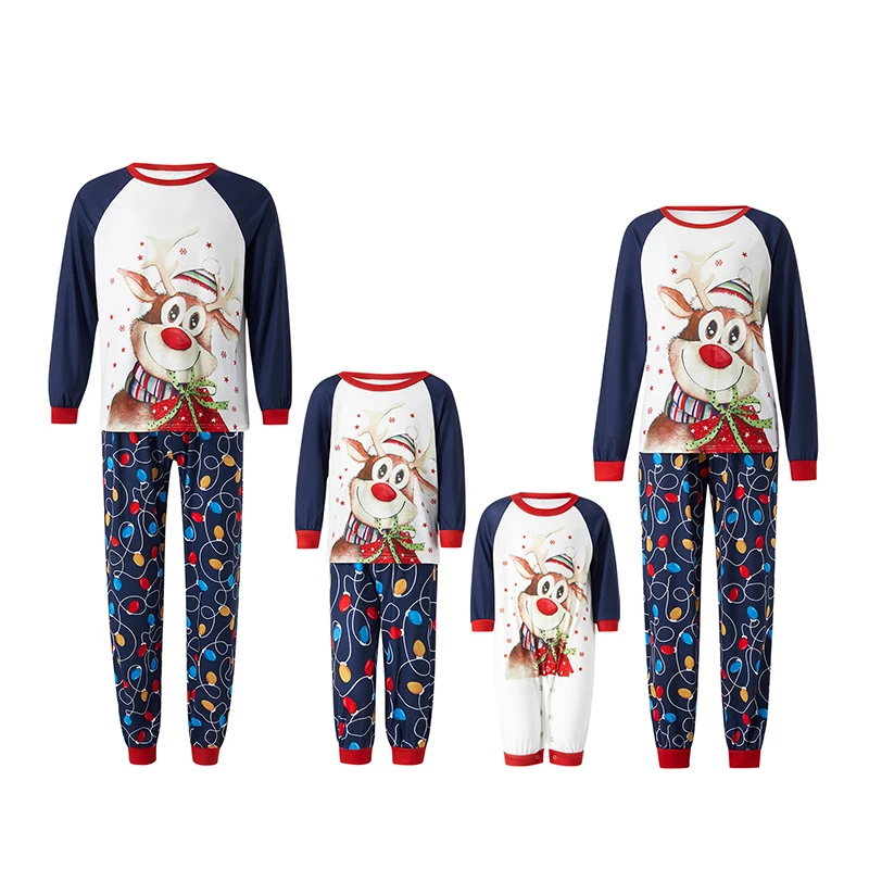 

2023 Christmas Matching Family Pajamas Cartoon Elk & Snowflake & Star Print T-shirt + String Light Print Trousers New Jumpsuit