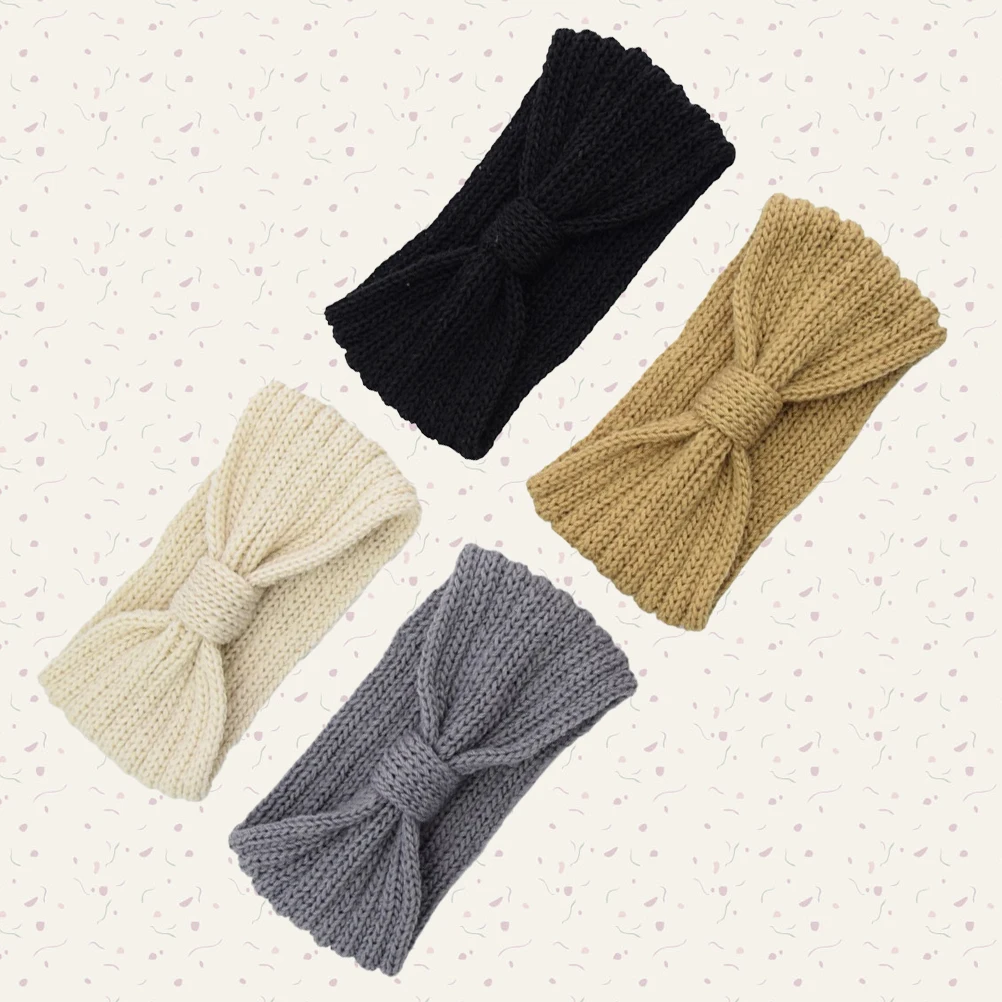

4pcs Bowknot Headbands Cozy Cable Knit Warm Woolen Hair Hoops Beige Black Handmade Yoga Headbands Winter Accessories