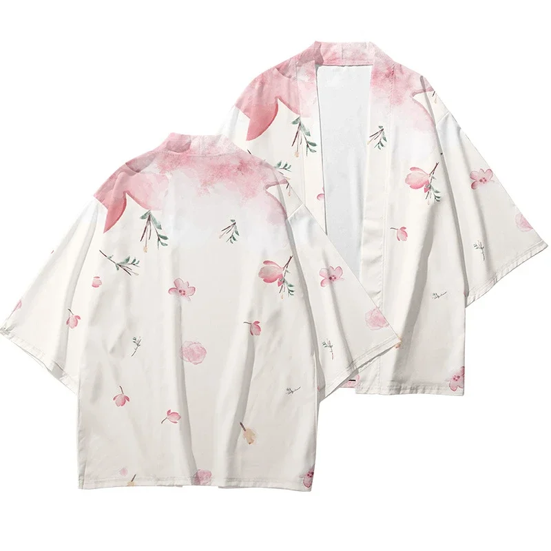 Cherry Blossom Kimono Fashionable Printed Haori for Men Women Asian Clothing Role-playing Cardigan