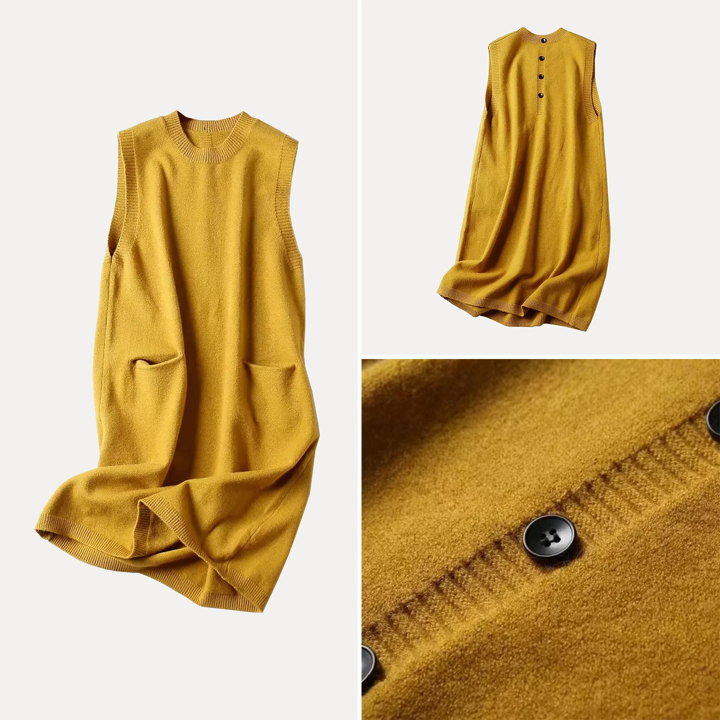 

Женская вязаная юбка-жилет средней длины из пряжи Core-Spun с карманами и пуговицами, осень 2025, новая модель, свободный крой, круглый вырез, повседневная.