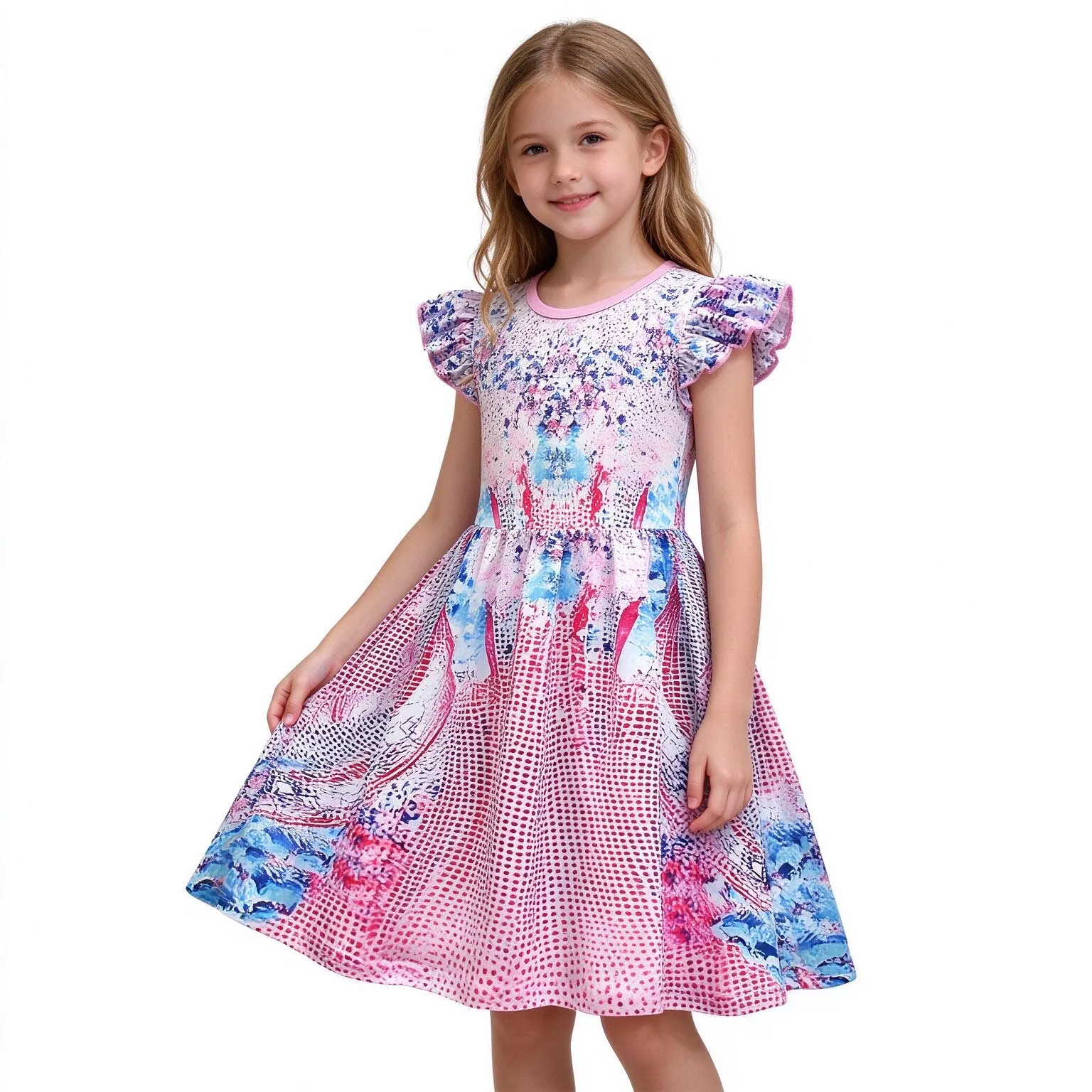 Girls Concert Themed Dress Colorful Printed Flutter Sleeve Dress with Bag Fan Party Outfit Music Show Party Fancy Costume Dress