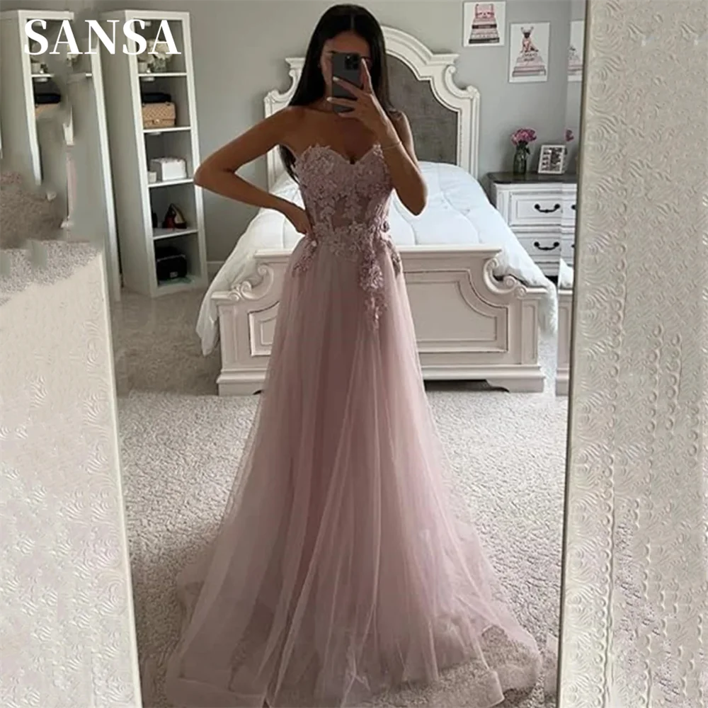 Sansa Sweet 3D Flower Prom Dress Puffy Sleeve A-line Vestidos De Noche Princess Glitter Pink Tulle Prom Dresses