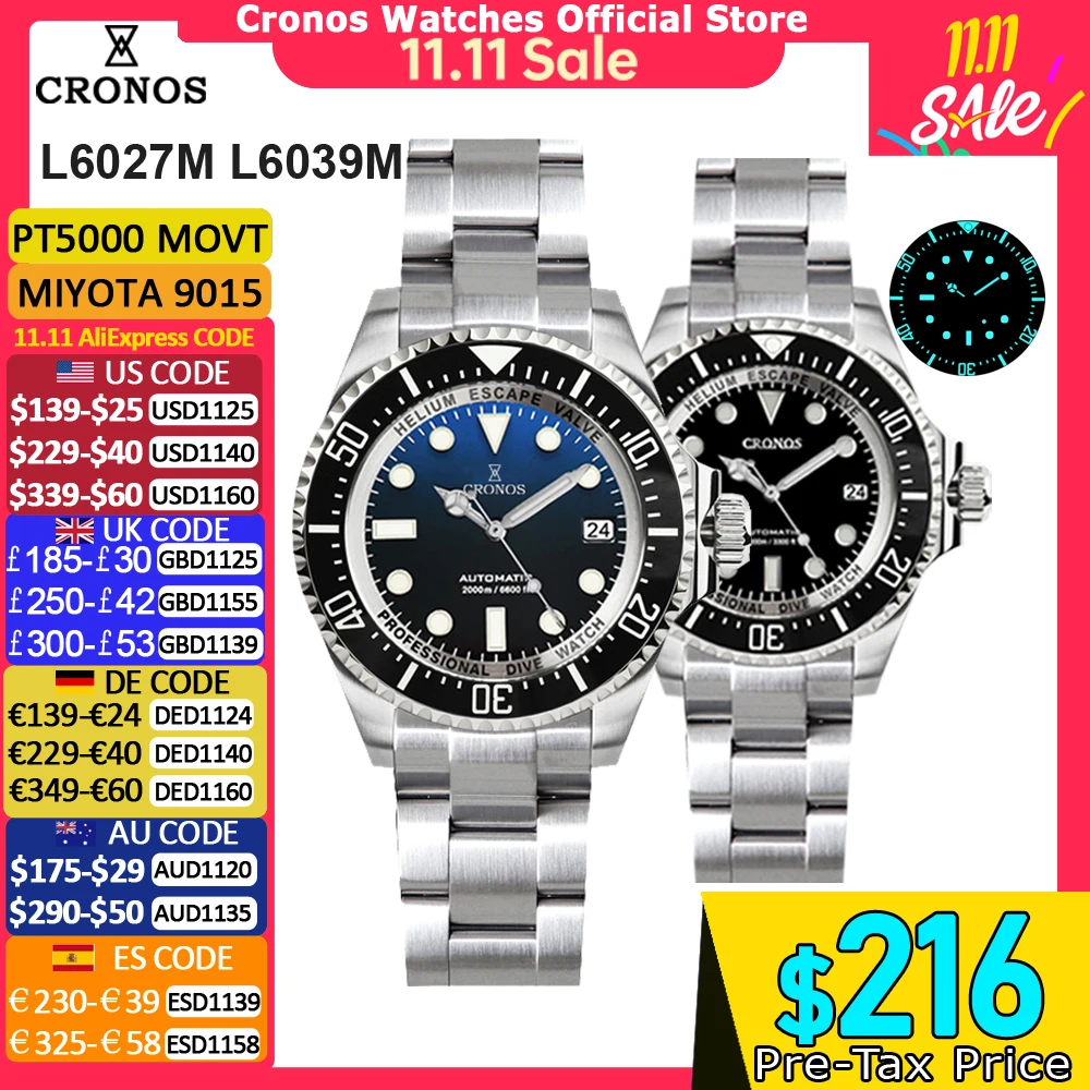 Cronos Automatic Diving Watch Stainless Steel 2000 Meters Water Resistance Professional Diver PT5000 SW200 L6027M
