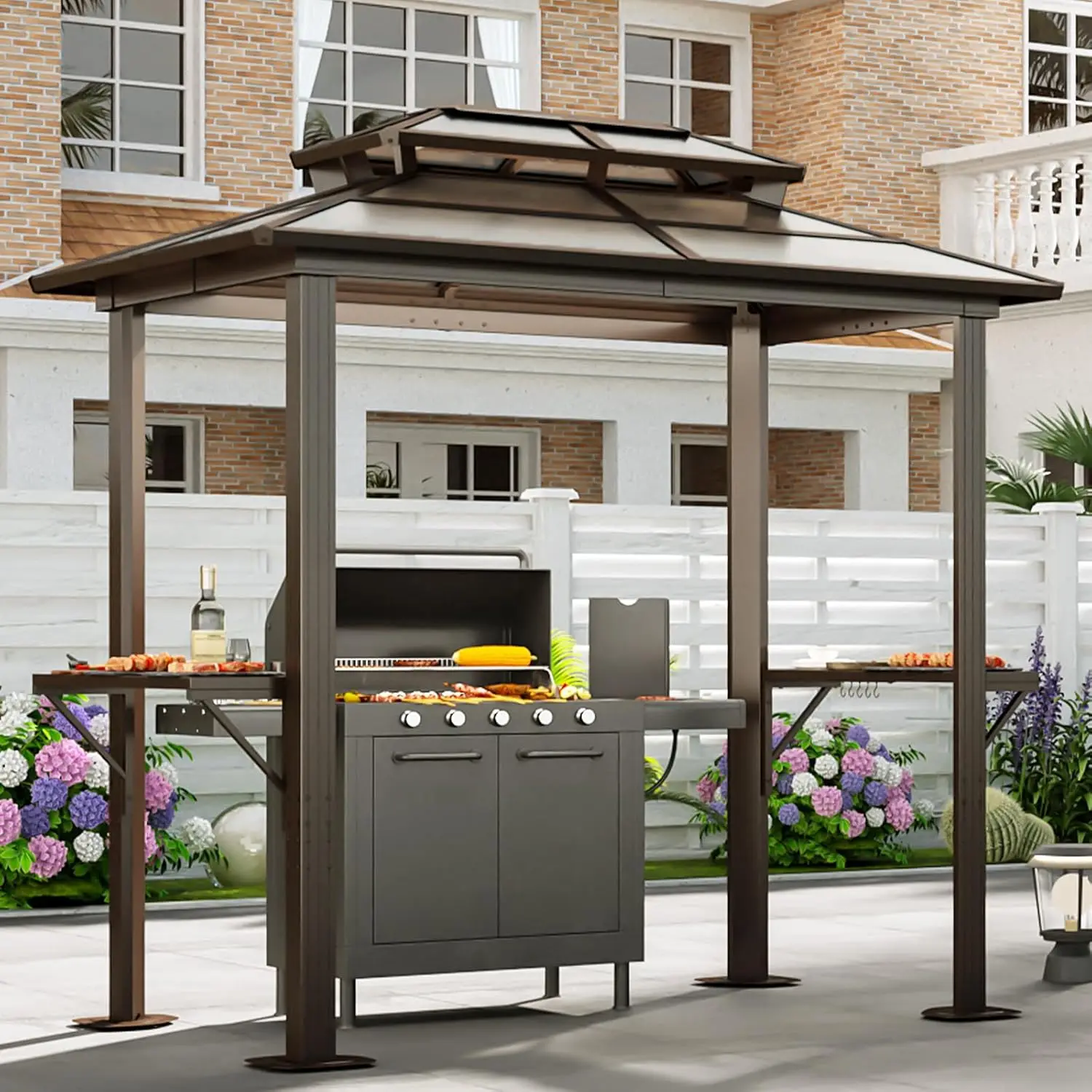 

Grill Gazebo 8 x 5FT Outdoor Barbecue Gazebo with Double Polycarbonate Top Aluminum Grill Canopy with Shelves for Patio Garden L