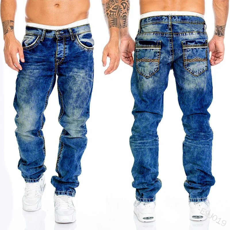 Vintage Wash Rechte Hiphop Jeans Heren Streetwear Casual Denim Cargo Broek Lente En Herfst Rits Print Stretch Jeans