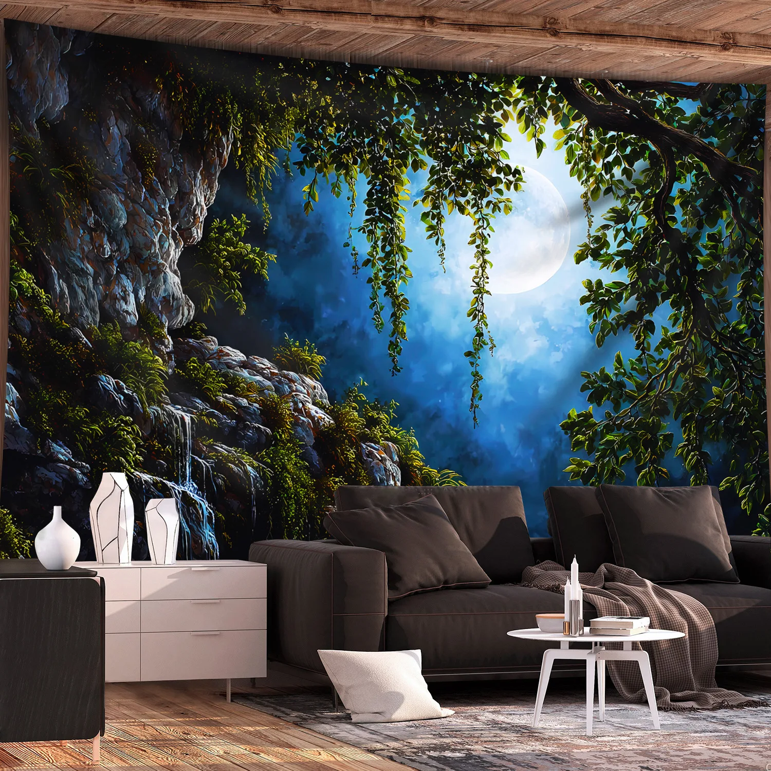Bohemian Forest Waterfall Tapestry Nature Mural Wall Art Hanging Decor Tropical Jungle Moonlight Print for Living Room Bedroom
