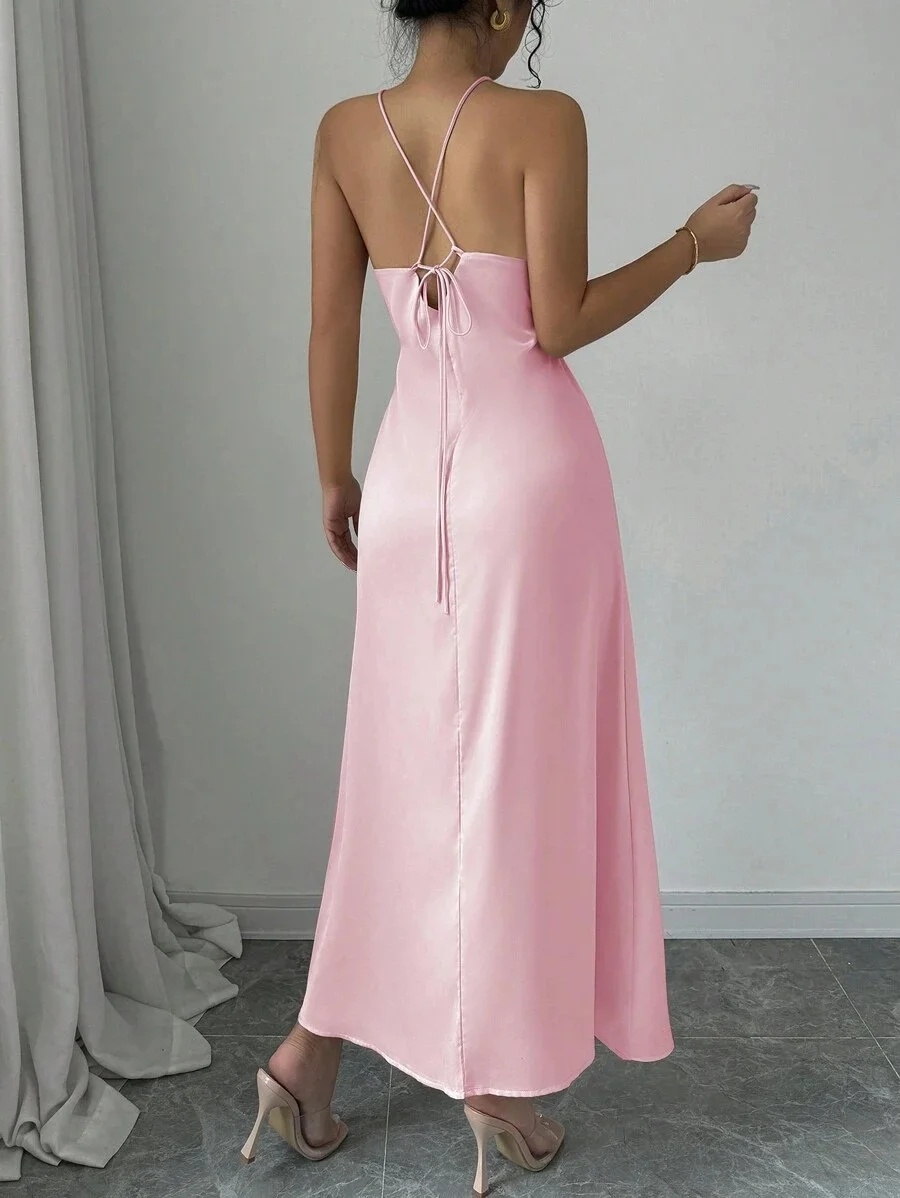 Damen 3D-Blumen Neckholder Rückenfreies Satin-Maxikleid Elegantes Rosa Slip-Kleid Langes Kleid für Hochzeitsgäste Abendparty Urlaub Midi-Kleid – Detail 12