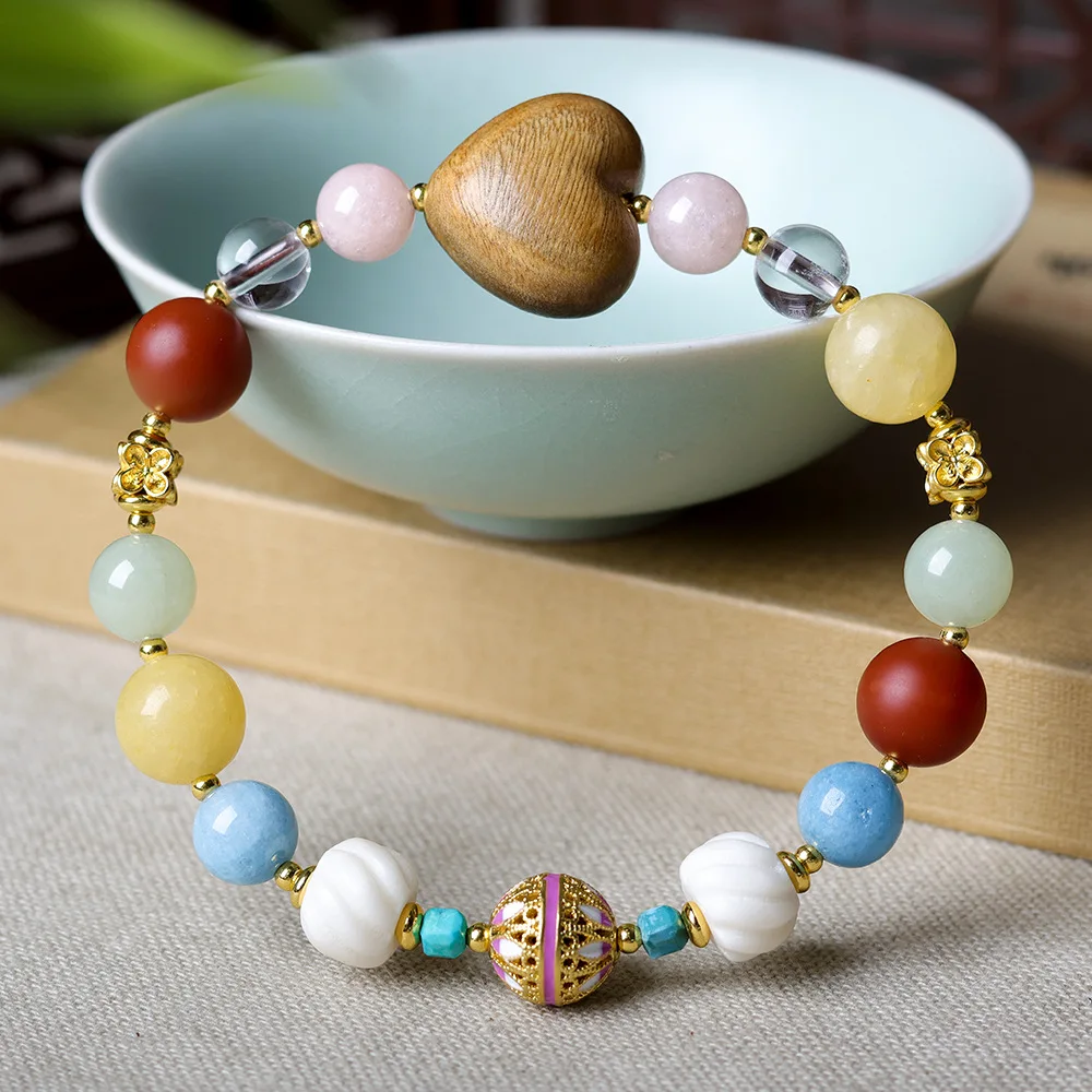 

New Chinese Style Bracelet for Women with Sandalwood Heart Natural White Crystal Antler South Red Agate and Jade Gifts