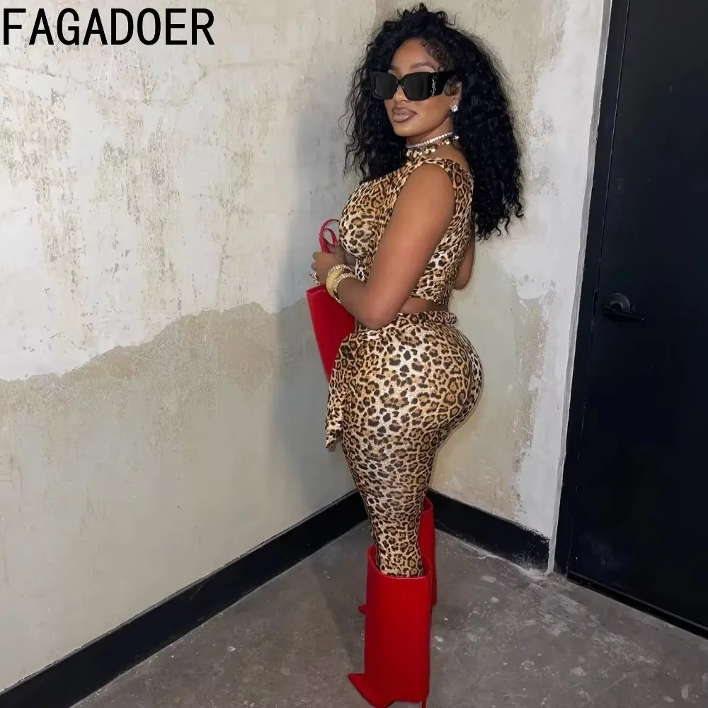 FAGADOER Sexy Leopard Print 2 Piece Sets Women Outfit Sleeveless Bandage Patchwork Crop Top + Pants Suit Female Streetwear 2025