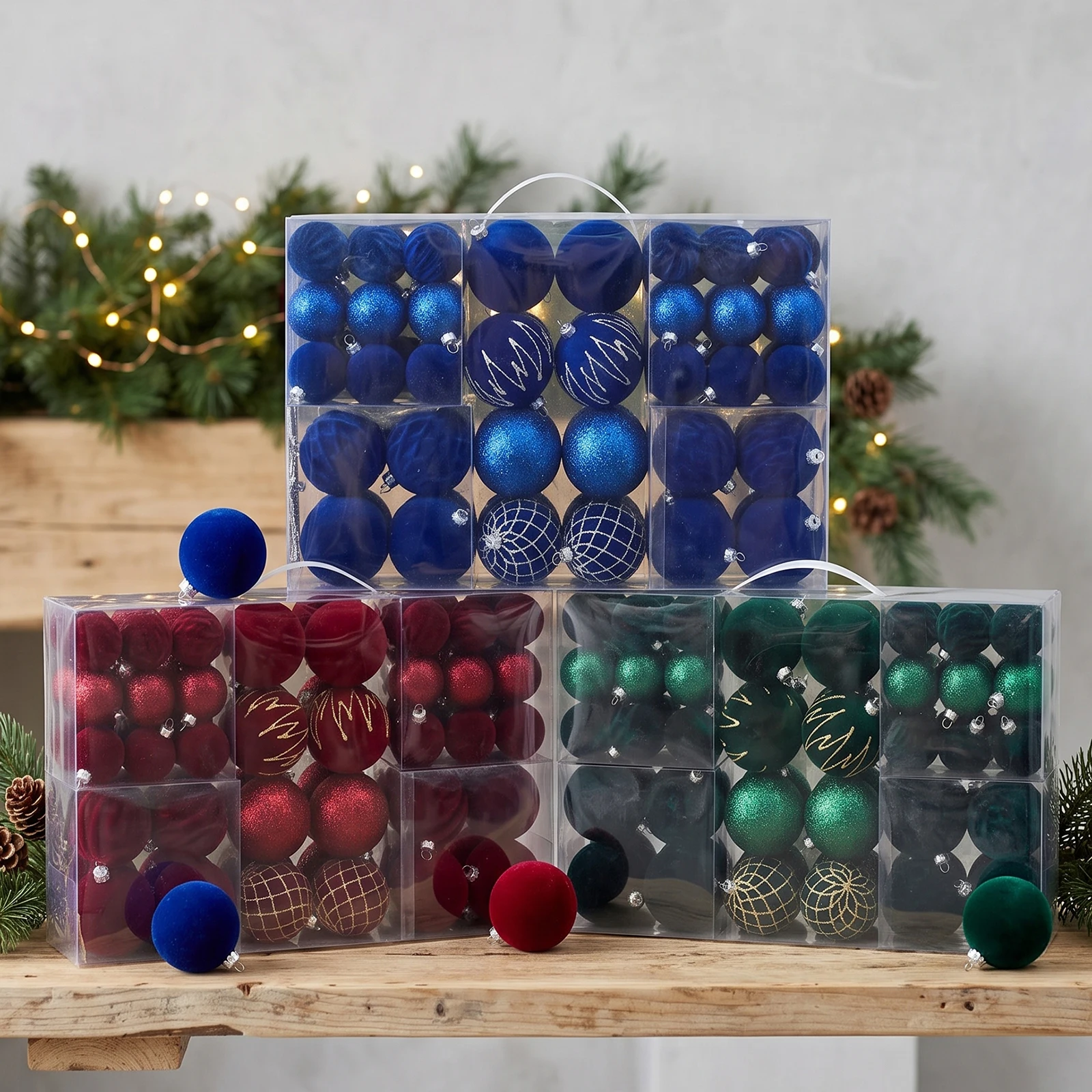 86Pcs Velvet Christmas 3.15Inch Ball Ornaments Set, Shatterproof Flocked & Glitter Xmas Tree Hanging Baubles with Portable Gift