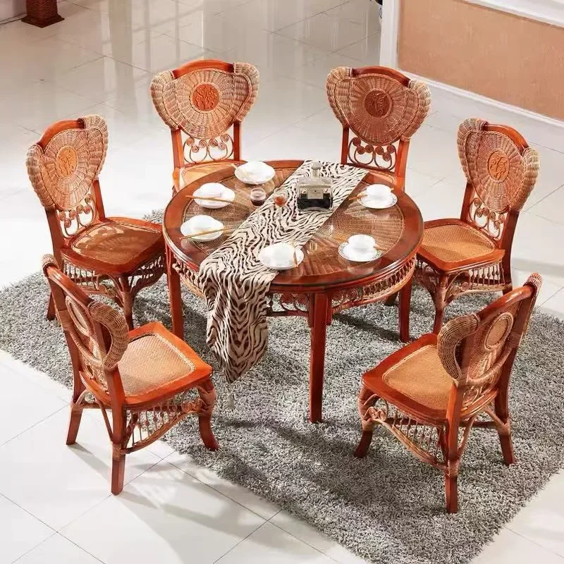 Round Rattan Dining Table Solid Wood Base Indonesian Wicker Kitchen Furniture Natural Home Decor