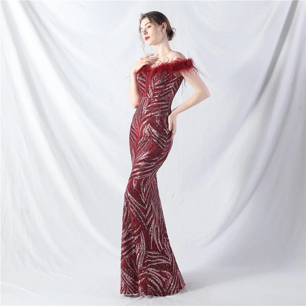 2024 Burgundy Long Dress Evening Off The Shoulder Floor Length Feathers Sequined High Quality Prom Party Gowns In Stock