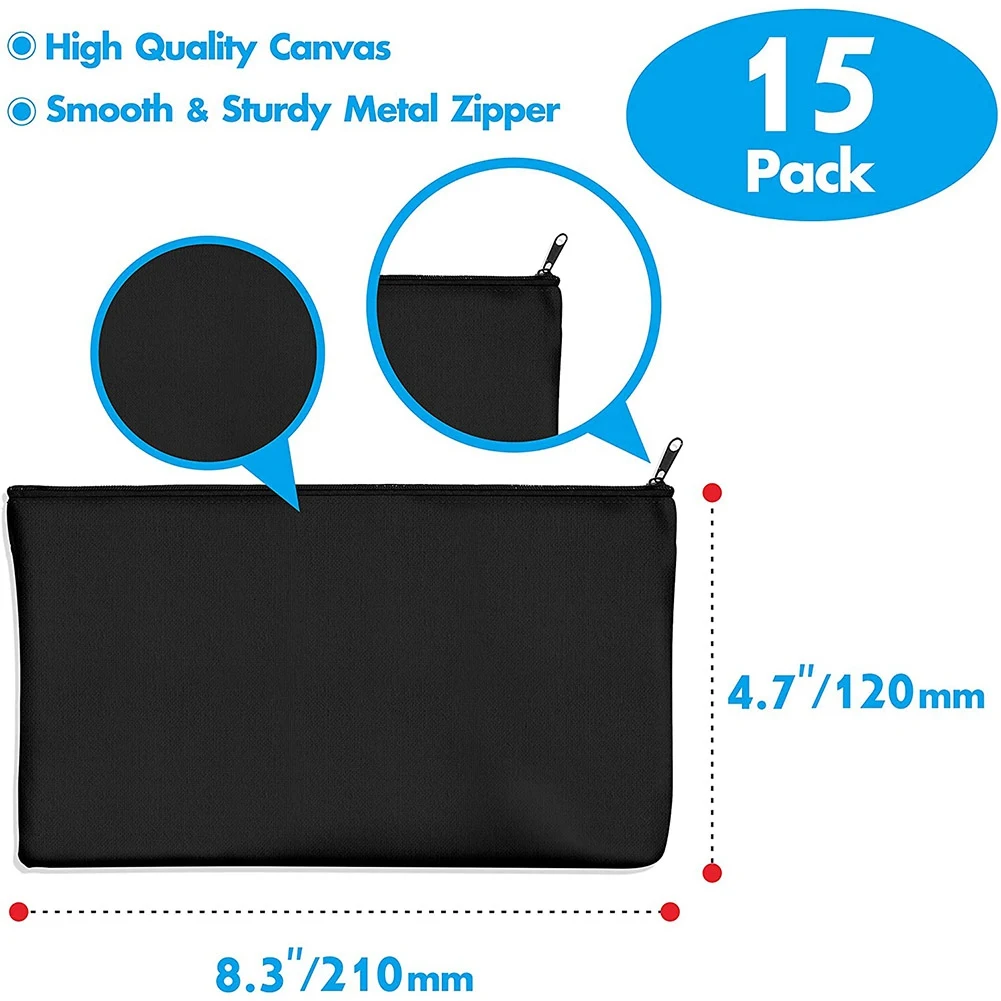 Preto Em Branco Canvas Papelaria Bag, Armazenamento Zipper Bag, DIY Graffiti Pencil Case, Presente DIY, 8.3x4.3 ", 15 Pcs