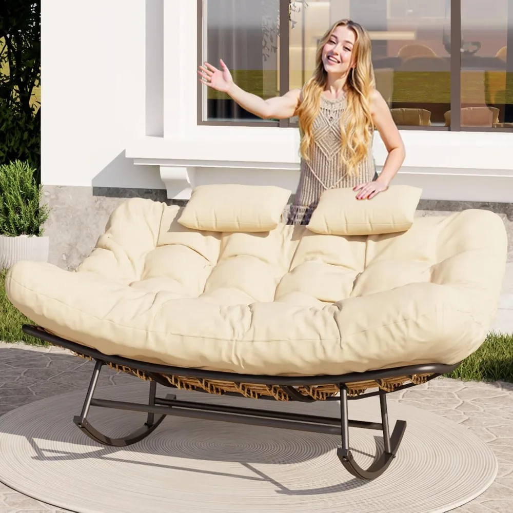 

Oversized Outdoor Rocking Papasan Chair,Double Patio Rocking Chair for 2-Person,Loveseat Rocker with Thick Cushion&Rattan Frame