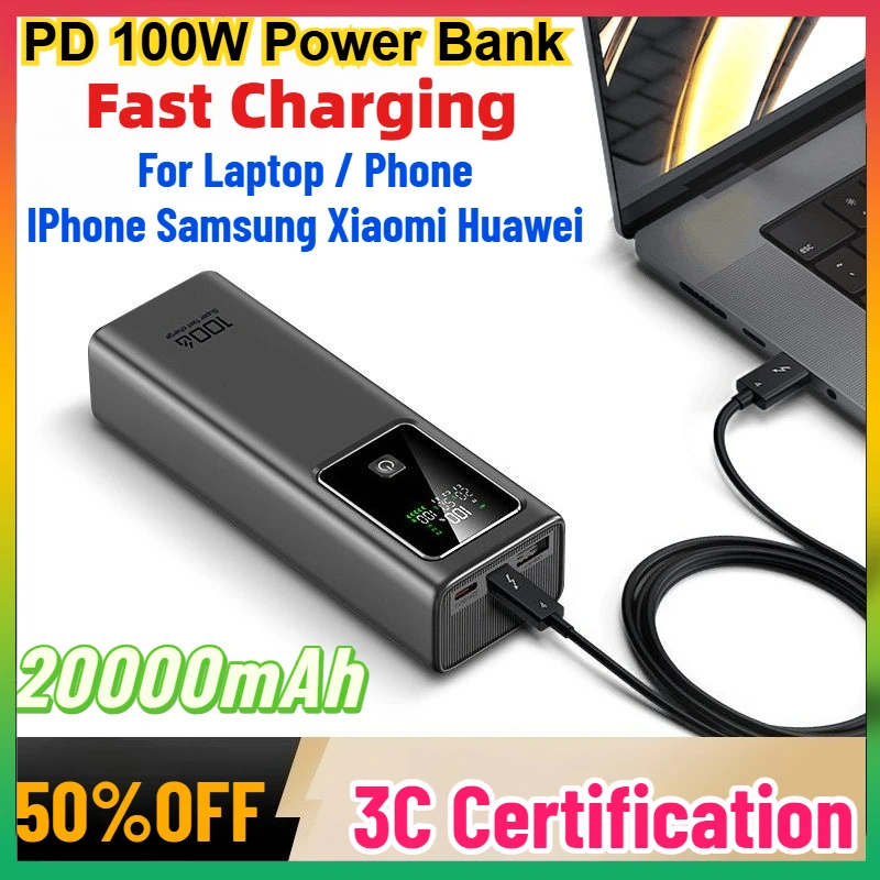 

New PD 100W Power Bank Fast Charging 20000mAh External Battery Capacity Portable Charger for Laptop IPhone Samsung Xiaomi Huawei