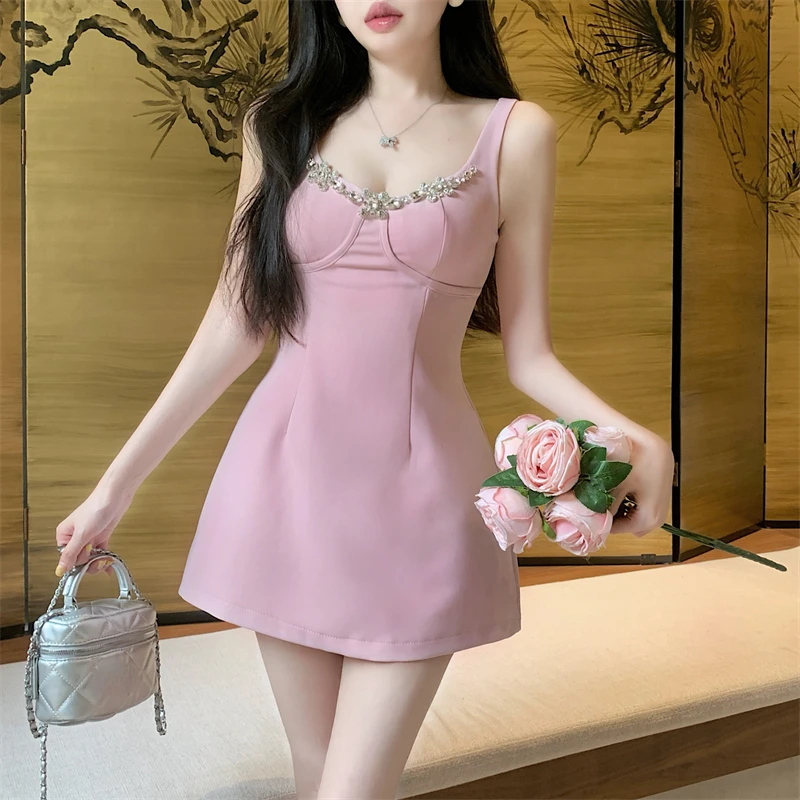 Ezgaga Woman Dress Sweet Elegant Rhinestone Sleeveless Slash Neck French Style Chic Mini Dresses Party Ladies Temperament