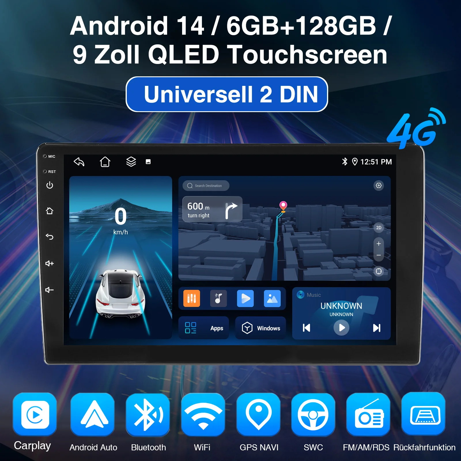 ESSGOO Autoradio 7"/9"/10" 2 DIN 8-Kern Android14 6+128 GB Kabelloses CarPlay Android Auto GPS-Navigation Bluetooth AM FM RDS WiFi QLED Touchscreen 4G LTE Mirror Link Lenkradsteuerung – Detail 2