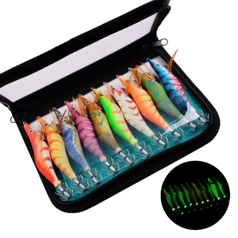 

Squid Jigging Lures Luminous Cuttlefish Hooks Trolling Octopus 10PCS Wood Shrimp Lure Spinning Fishing Accessories Sea