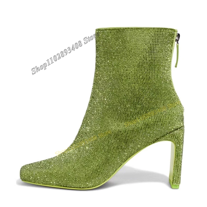 Green Color Crystal Decor Ankle Boots Solid Square Toe Back Zipper Women Shoes Concise 2023 Fashion Sexy Zapatos Para Mujere