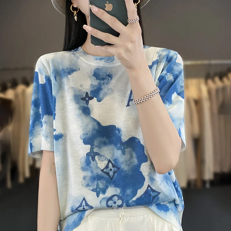 女性用半袖ニットTシャツ,ゆったりとしたウールのプリントが施されたルーズなセーター,アイスシルク,夏