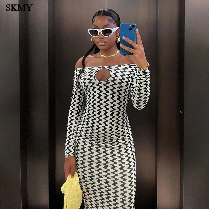 SKMY 2025 新しいワンネック中空長袖リップルプリントドレス女性のための女性のドレス Vestidos ラルゴス Mujer Verano