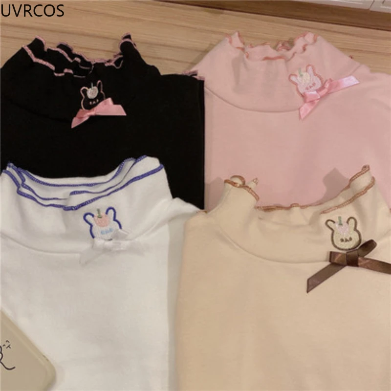 Japan Cute Long Sleeve T-shirts Women Sweet Rabbit Embroidery Ruffle Turtleneck Slim Tops Girly Autumn Winter Chic Y2k Basic Tee