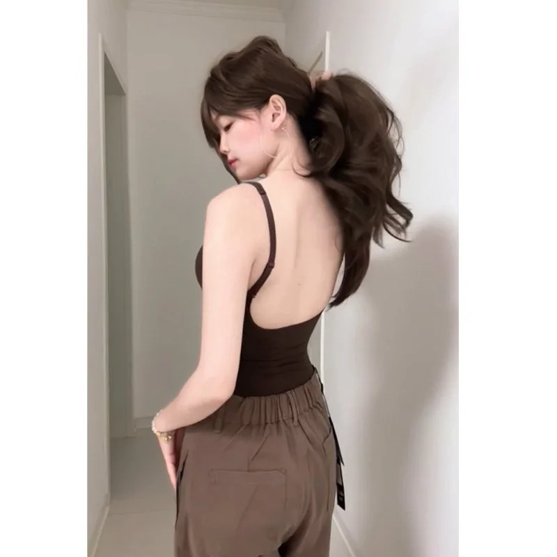 American Style Slimming Bodysuit Women's Brown High-Waisted Sculpting Top Abdomen Control Sexy Back Vest Summer Fashion