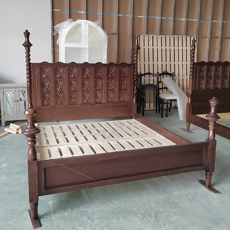 French retro solid wood bed, post-modern simple hand-carved bedroom furniture American light luxury double wedding bed carving 4