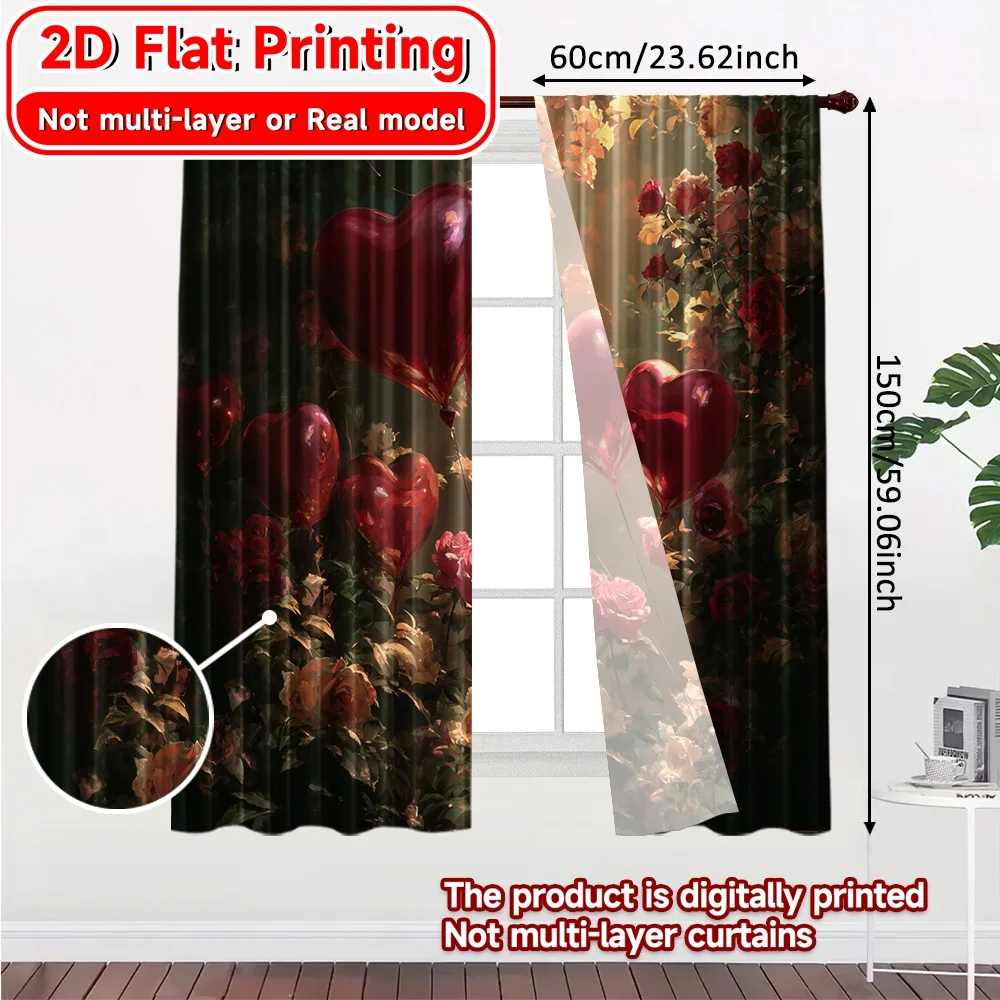 2D Flat Printing,2pcs Heart Garden Glow Chic Minimalist Curtains Fabric Curtains Home Decor Perfect for Room, Kitchen, Study,