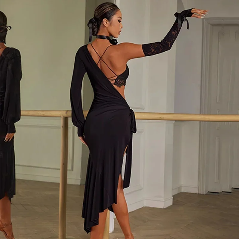 Sexy Irregular Latin Dance Dress Women Slit Black Dress Prom Party Tango Dance Clothes Rumba Dance Practice Clothing DNV18937