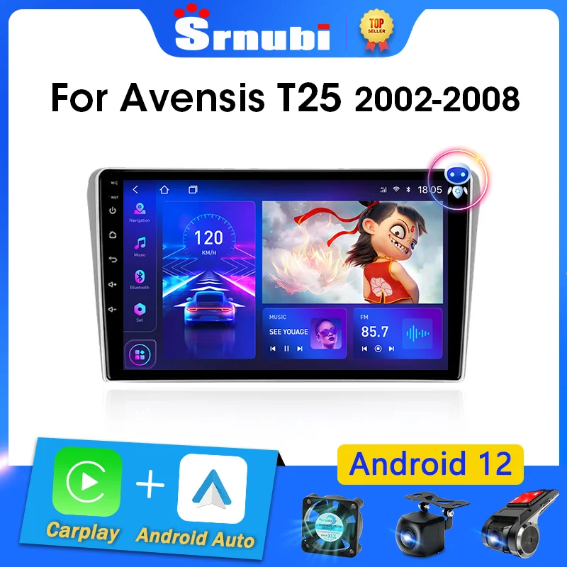 Srnubi Android 12 Car Radio For Toyota Avensis T25 2003 2004 2005 2006 2007 2008 Multimedia Player 2 din Carplay Stereo GPS DVD