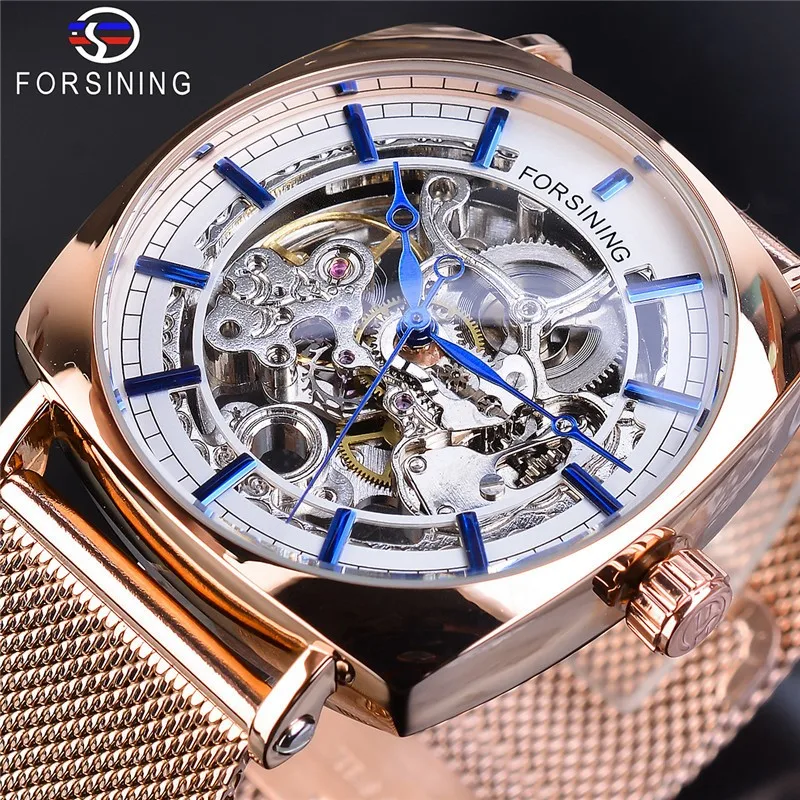 

Fashion Forsining Top Brand Mesh Luxruy Golden Steel Men Automatic Mechanical Square Dial Casual Hollow Out Busines Wrist Watch