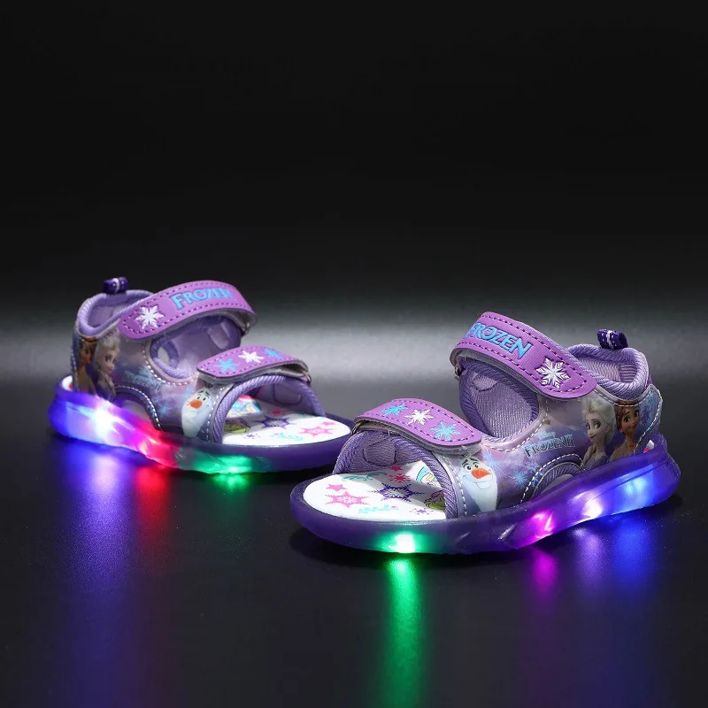 Disney Summer Children's Sandals Frozen Priness Elsa Anna Children's Sandals LED Light SpiderMan for Boys Sandals Summer