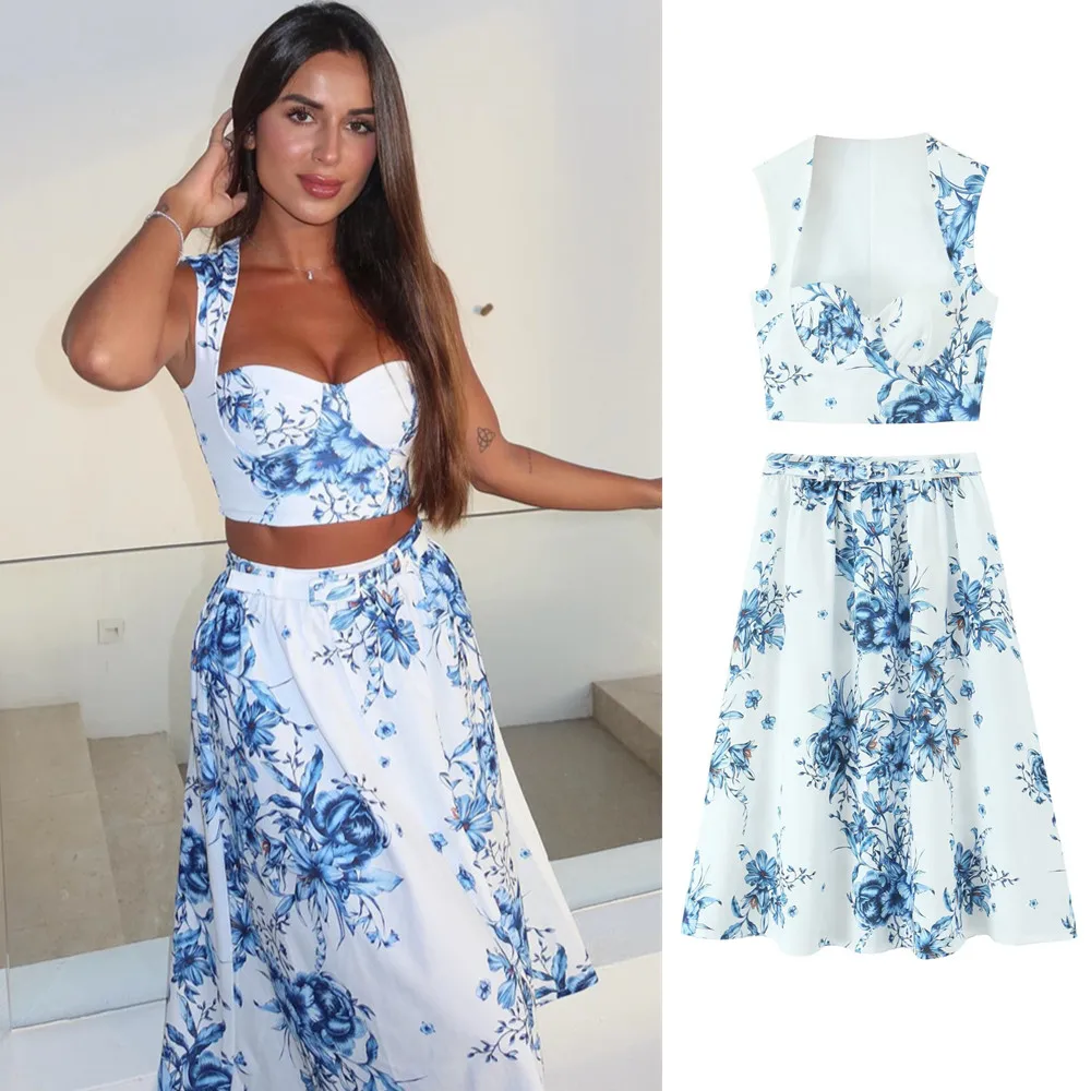 

PB&ZA2025 Короткий топ без рукавов с принтом + свободная юбка с высокой талией и принтом, костюм, новая летняя женская одежда