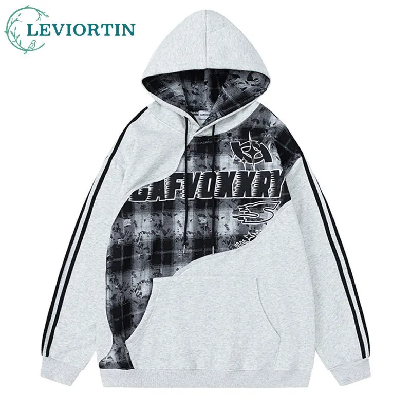 Men Hip Hop Hoodie Sweatshirt Fleece Lined Plaid Spliced Letter Print Hoodie Hipster Hooded Pullover Sweat Shirt Y2K Streetwear