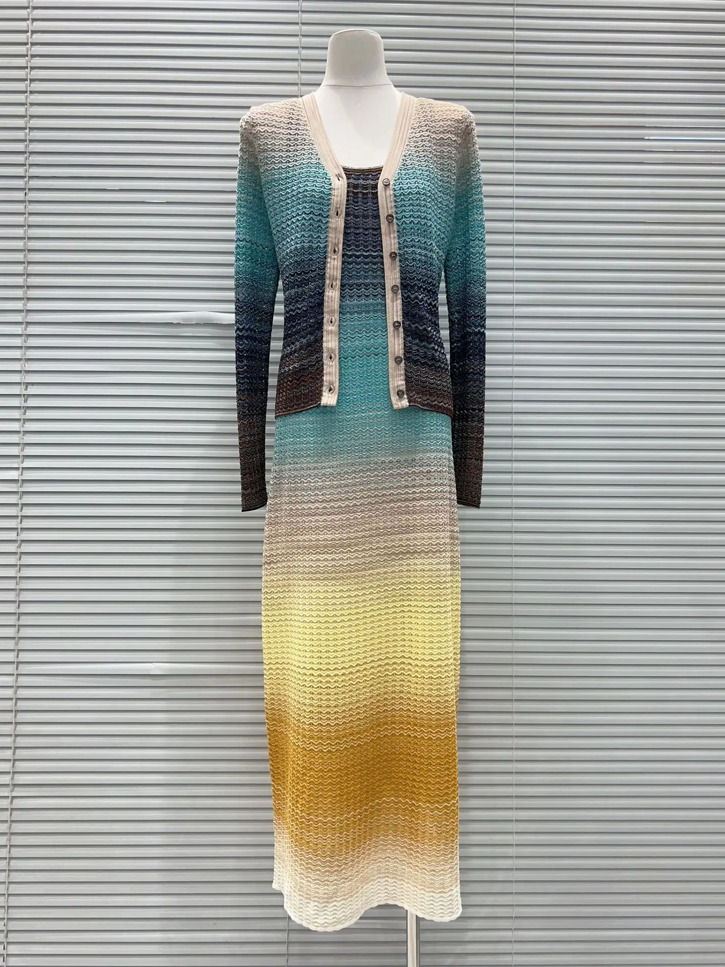 High-End Gradient Knitted V-Neck Open Cardigan And Strap Long Dress Fashion Set for Women Four Seasons Wear without Brand