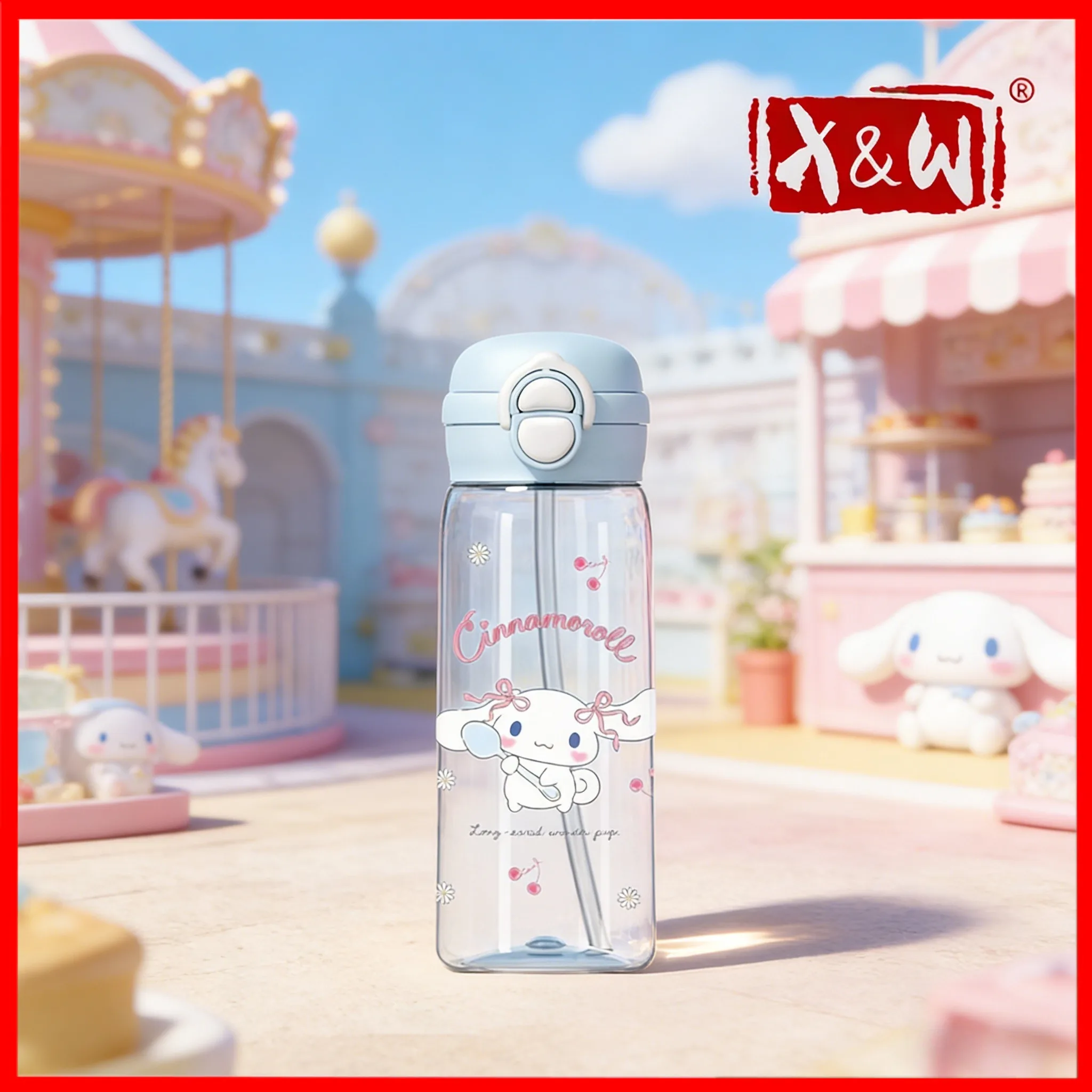 X&W 500ml Sanrio Serie Pop-up Strohhalm-Becher Tritan Transparenter Cartoon-Muster Plastikbecher Wasserflasche Tragbar für Schüler